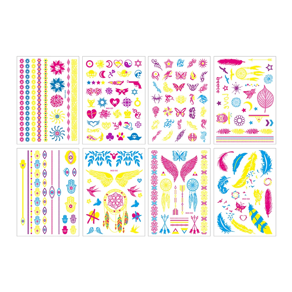 

8 Sheets Neon Tattoos UV Fluorescence Party Supplies Fake Jewelry Tattoos Decals Festival Accessories