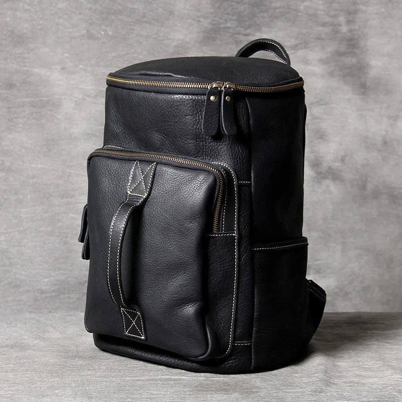 Fashion genuine leather men's women's black bucket backpack vintage outdoor travel cowhide designer luxury bagpack schoolbag