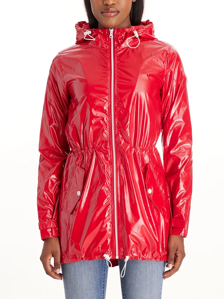 Блестящий Тренч из лакированной кожи с капюшоном женское шикарное Свободное