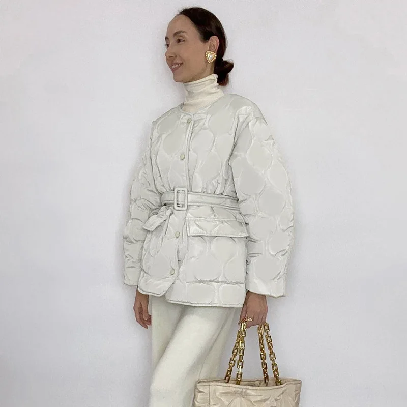 Ardm Casual O-Neck Button-Up Belt Cotton French Parkas Quilted Winter Coat Women Elegant Long Sleeve Pockets Top Warm Jacket