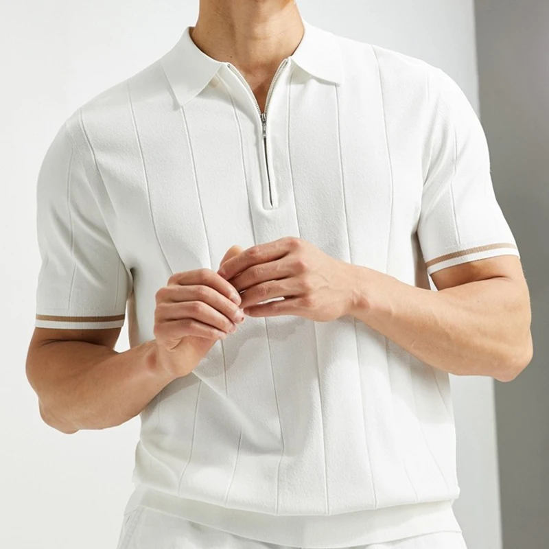 Рубашка-поло мужская однотонная модная простая вязаная кофта на молнии с