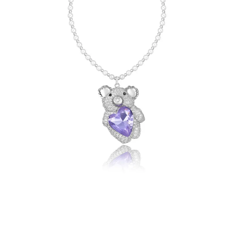 

Senior All-Match Necklace Copper Plated 18k Gold Bead Shiny Zircon Cute Bear Clavicle Chain Women Wedding Birthday Jewelry Gift