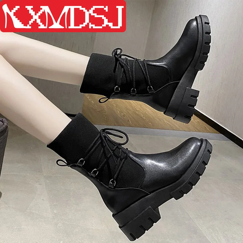 

Fashion Ladies Shoes Women's Chunky Heels Mid-calf Boots Stretch Fabric Female Autumn Footwear 2021 Casual Platform Woman Boots