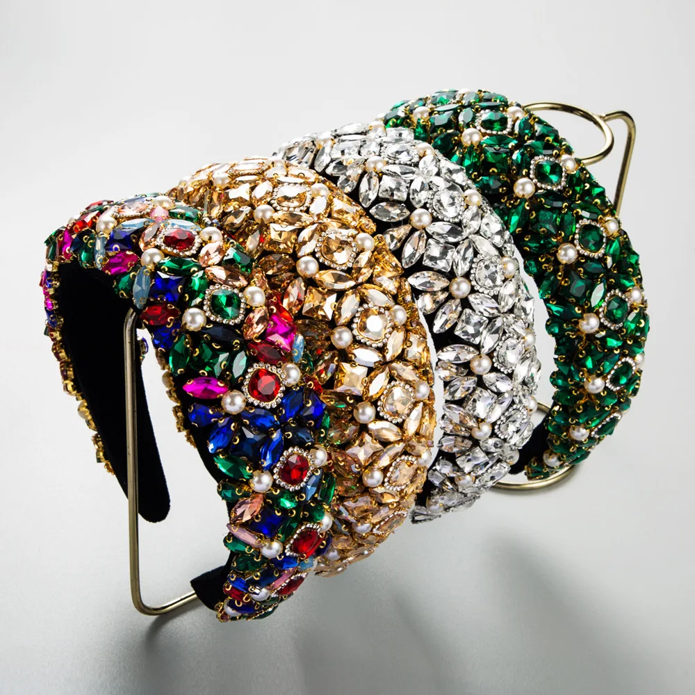 

Luxury Baroque Sparkly Padded Rhinestones Headbands Women Full Crystal Hairbands Wide Headwear Pearl Hair Accessories