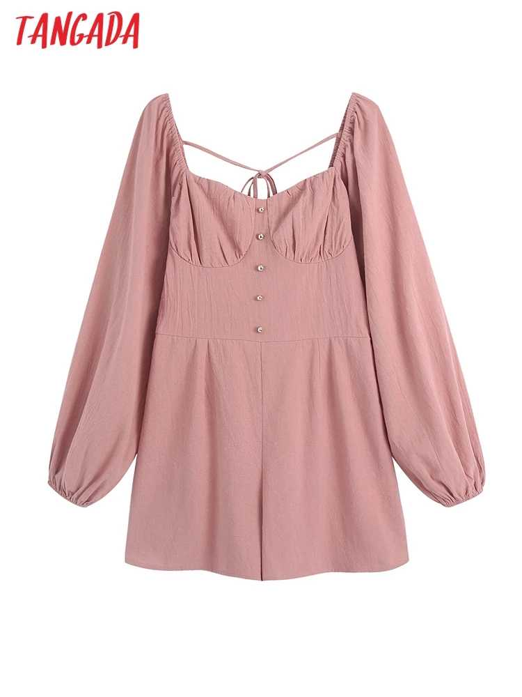 

Tangada Fashion Women Pink Playsuit Backless Lantern Long Sleeve Back Zipper Female Sexy Playsuit CE54