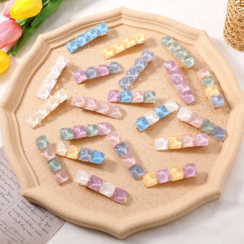 

Womens Girls Cute Jelly Color Hair Clips Pins Geometric Square Water Ripple Hairpins Barrettes Sweet Accessories