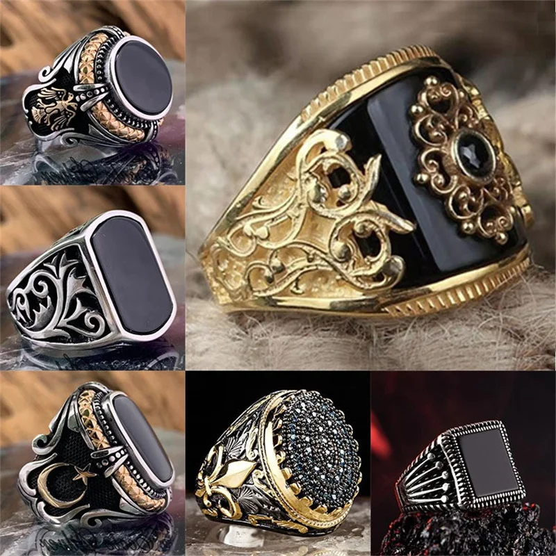 

Vintage Men's Silver Color Big Black Zircon Stone Open Ring for Male Geometric Irregular Pattern Adjustable Jewelry Wholesale