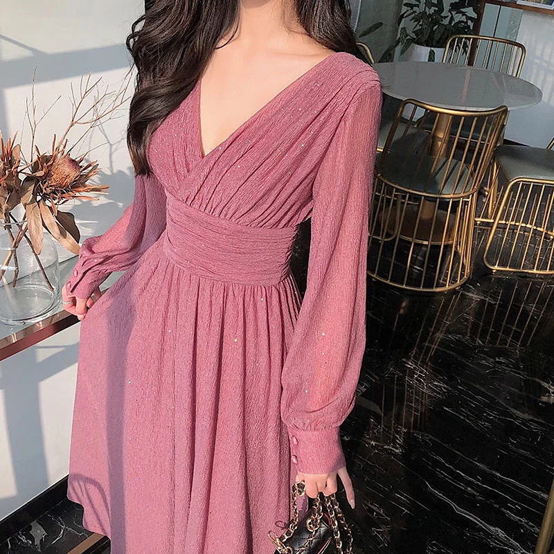 2023 Vintage Sexy Maxi Dresses for Women Party Sequin Midi Dress Female Casual Chiffon Slim Korean Woman Dress Elegant Autumn