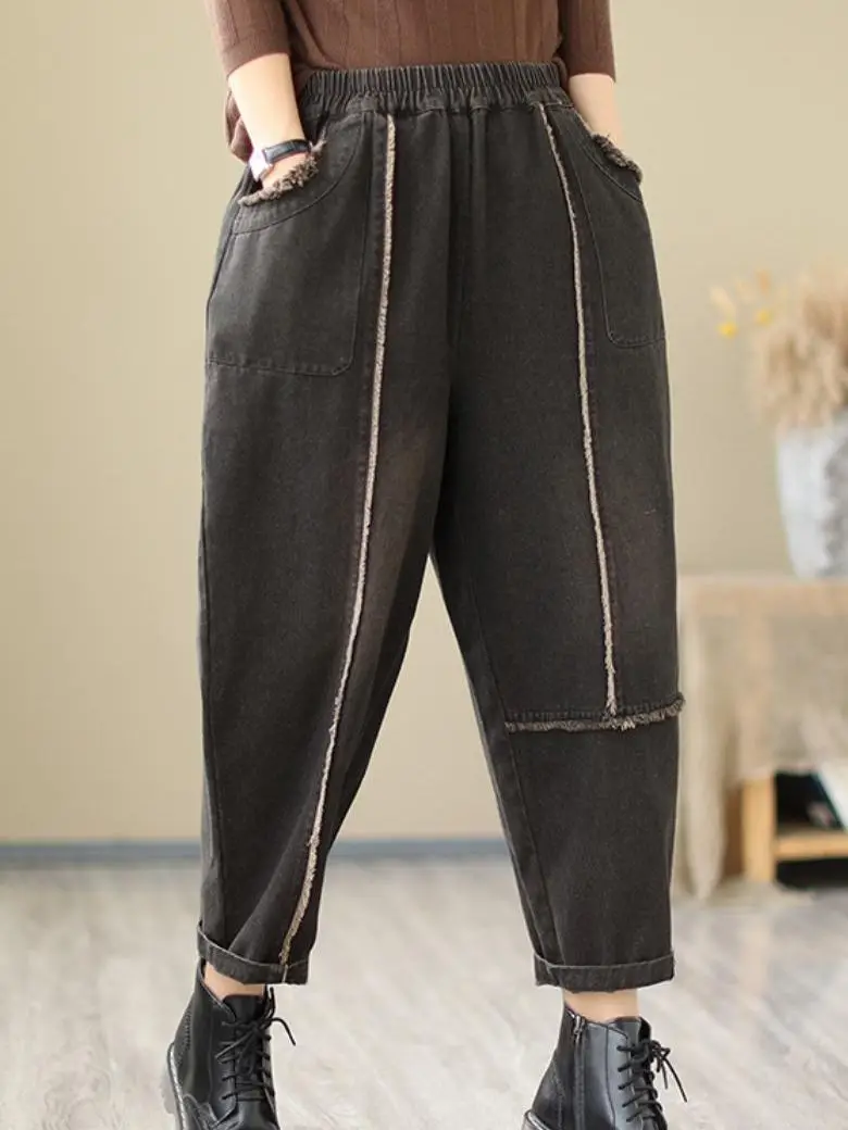 

Женские осенние универсальные контрастные флисовые джинсы с высокой талией, джинсовые брюки до щиколотки, уличная одежда с эластичным поясом, свободные шаровары