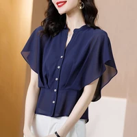 fashion v neck flare sleeve summer button chiffon shirt plus size loose casual solid color short sleeve female commute blouse