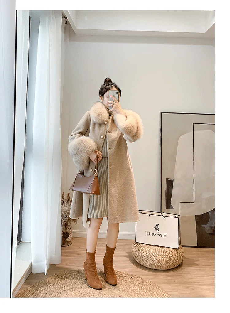 FURYOUME Winter Women Real Fur Coat Long Casual Jacket Sheep Shearing Wool Blends Fox Fur Collar Streetwear Thick Warm Outerwear