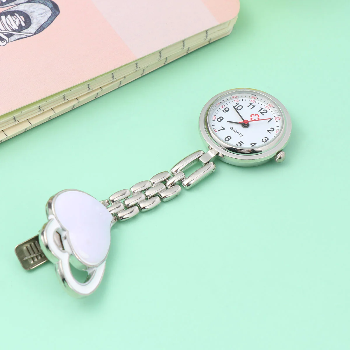 

Pocket Watch Pendant Heart Shape Fob Clip On Watch Brooch Charms Hanging Watch Decoration for DIY Craft Girl ( White )
