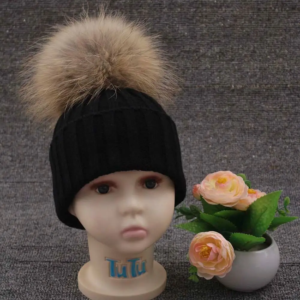 

JANEFUR Beanie Hat with Real Fur Pom Pom for Children Boy Girl Fashion Warm Winter Bobble Hats Wholesale Outdoor Kids Skullies