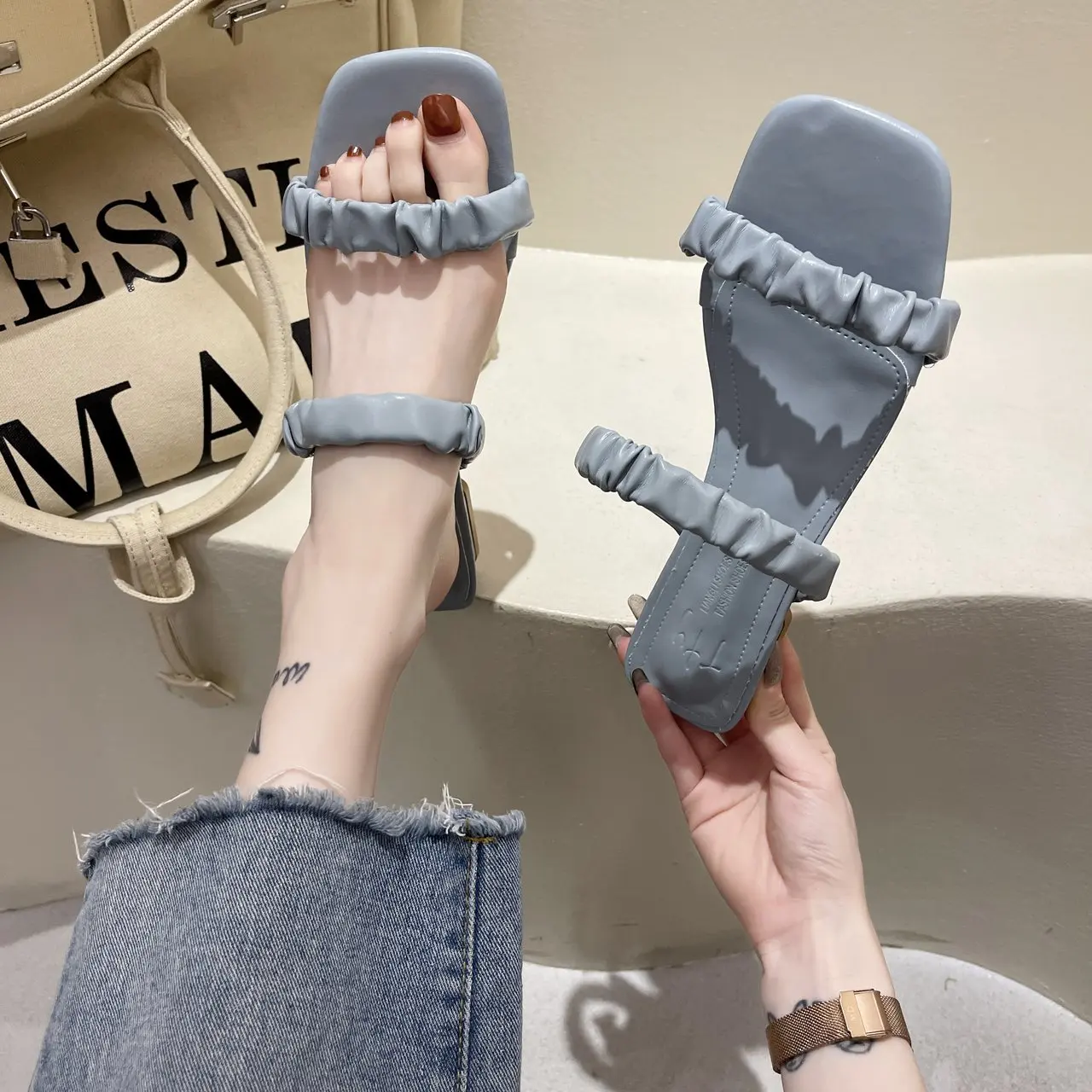 

Fashion Women's Slippers Square Head Slides Women Shoes Summer Indoor Outdoor Slippers 2022 Square Toe Sandals Female Large Size