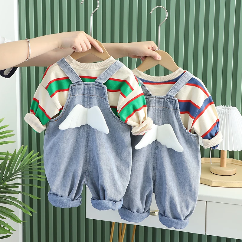 

2022 Autumn New Cute Wings Decorated Denim Overalls Suit Casual Clothes Two-piece Set