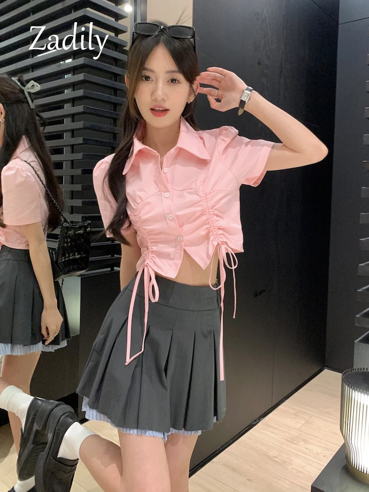 

Zadily 2023 Summer Sexy Short Sleeve Woman Cropped Shirt Korea Style Folds Bandage Button Up Ladies Blouse Causal Tops Clothing