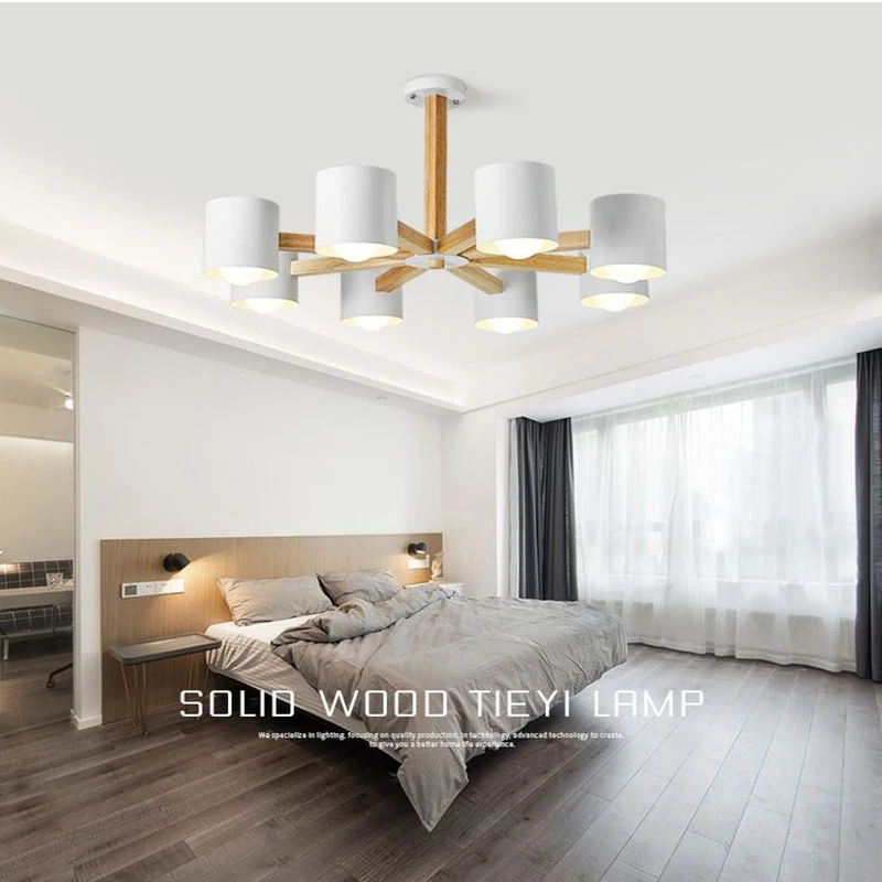 Nordic solid wood E27 ceiling chandelier hotel kitchen iron chandelier living room bedroom chandelier lamp decorative lighting