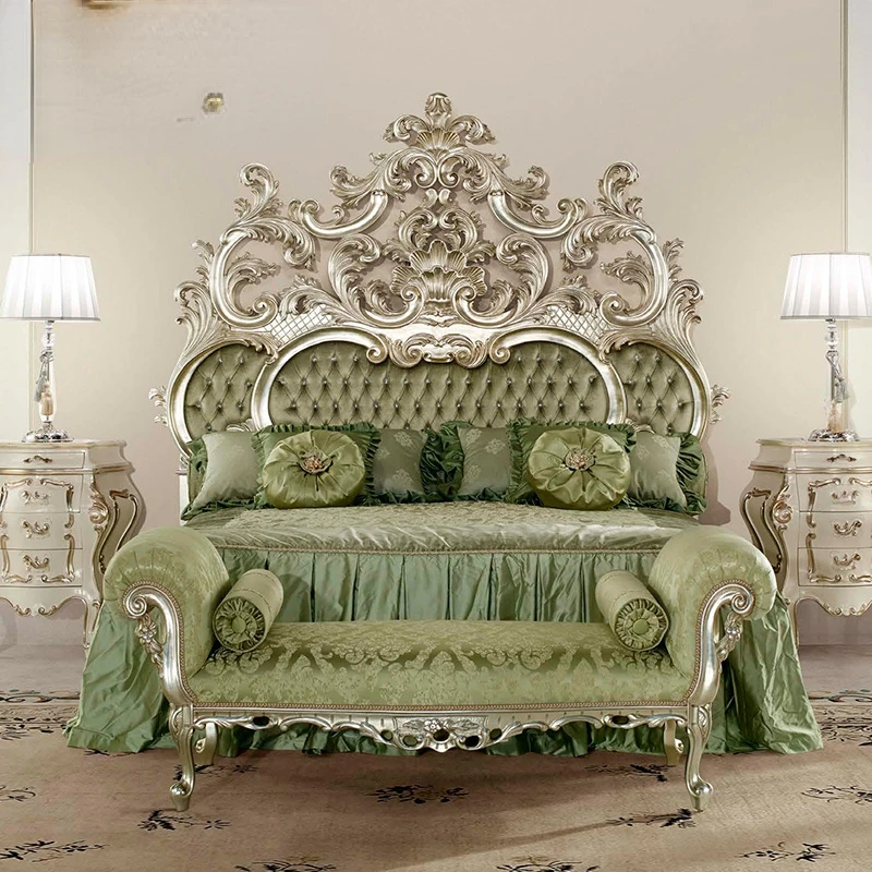 

Wood Carved Flower Wedding Bed Big Bed Princess Cloth European Luxury Double Bed French Villa Full Solid Round Bed Size Style