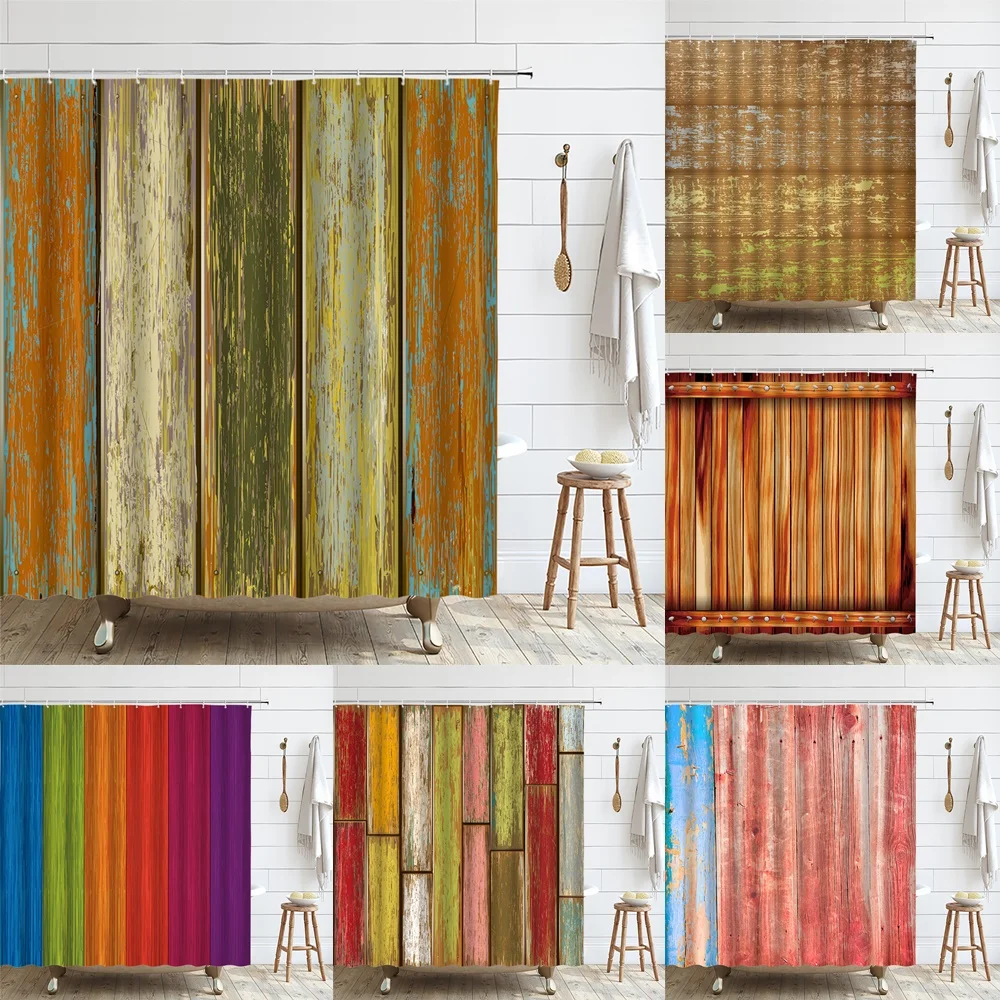 

Vintage Rainbow Wooden Board Shower Curtain Retro Wood Grain Bath Curtains Waterproof Polyester Fabric Bathroom Screen Set Home