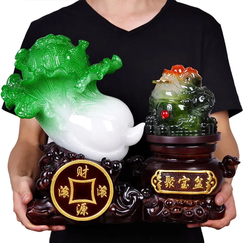 Fortune Jade Cabbage Golden Toad Decoration Large Poly Treasure Craft Gift Opening Cashiers Table Bar  Furnishings Decor