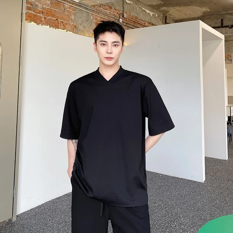 

SYUHGFA Summer New Trendy Men's T-shirts Fashion V-neck Solid Color Short Sleeve Tee Korean Casual Loose Tops Male Versatile