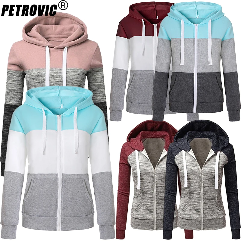 PETROVIC Spring Autumn Women Casual Long Sleeve Sweatshirts Colorful Patchwork Thin Zip-Up Hoodie Jacket For Drawstring Hoodies