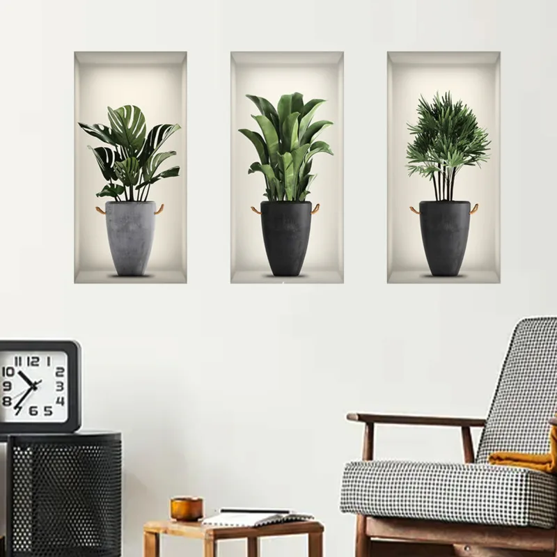 

Ins Nordic Style Creative Wall Stickers Green Plant Potted Plant Three-dimensional False Window Wallpaper Living Room Decorative