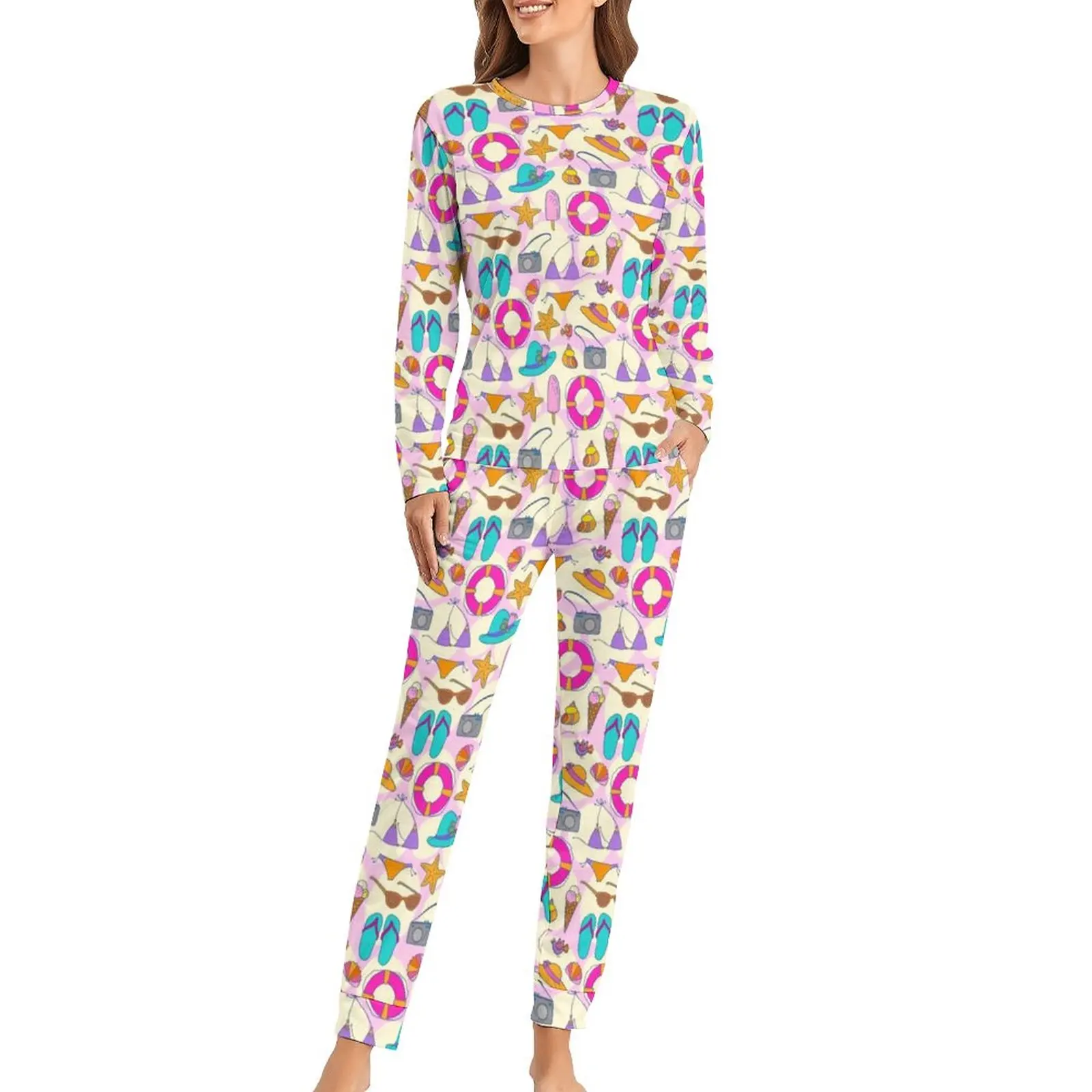 

Vacation Always Summer Pajamas Cartoon Holiday 2 Pieces Home Pajama Sets Lady Kawaii Oversize Sleepwear