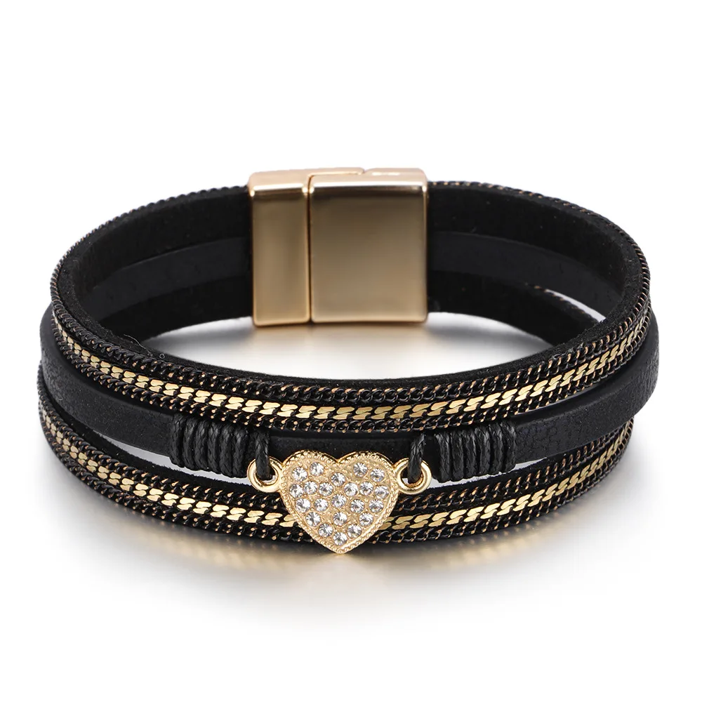 

Ethnic Style Multi-layer Leather Diamond Inlaid Love Bracelet Women's Magnet Jewelry for Women Men Spot Wholesale