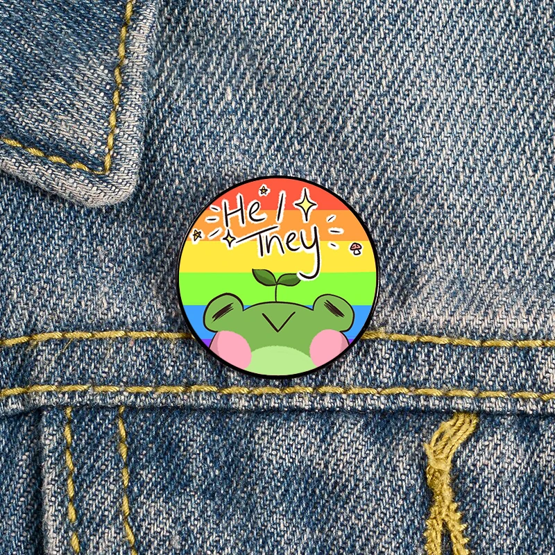 

He They Pronoun Frog Pin Custom Funny vintage Brooches Shirt Lapel teacher Bag Cute Badge Cartoon pins for Lover Girl Friends