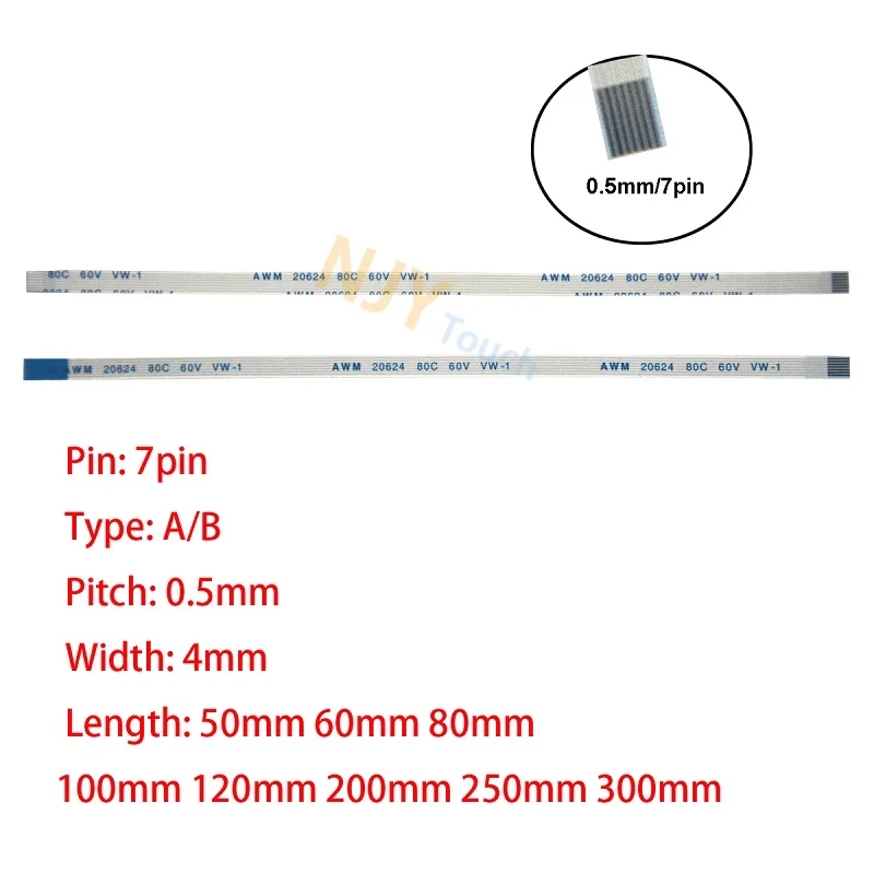 7Pin 0.5mm Pitch FFC Cable FPC AWM 20624 80C 60V VW-1 A B Type Flat Flexible Cable 60/100/150/200/250/300/400mm