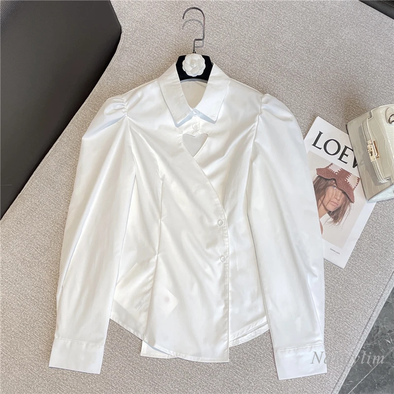 

Hollowed Heart Shape Irregular Shirt Women 2022 Spring and Summer Slim-Fit Long-Sleeved White Blouse Office Ladies Blusas