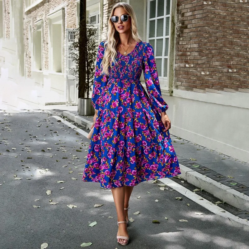 

Casual Vintage V-neck Long Sleeve Floral Print Autumn Dresses for Women 2023 Office Lady Elegant High Waist A-line Mid-calf Robe