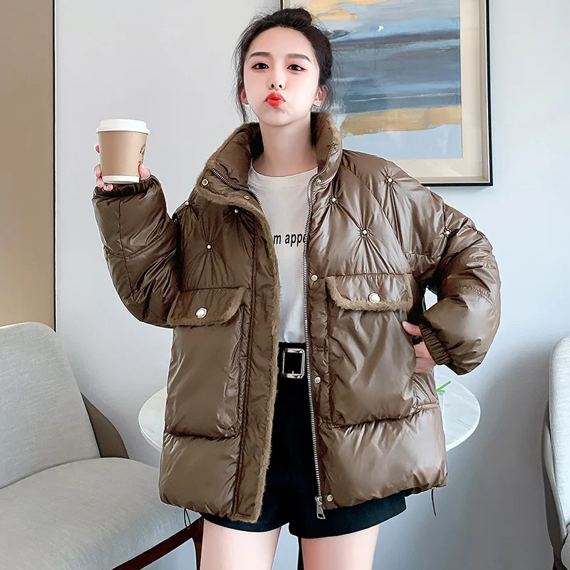 Winter Woman Short Waterproof 2022 New Women's Beaded Bright Down Padded Jacket Korean Style Loose Padded Big Pocket Jacket