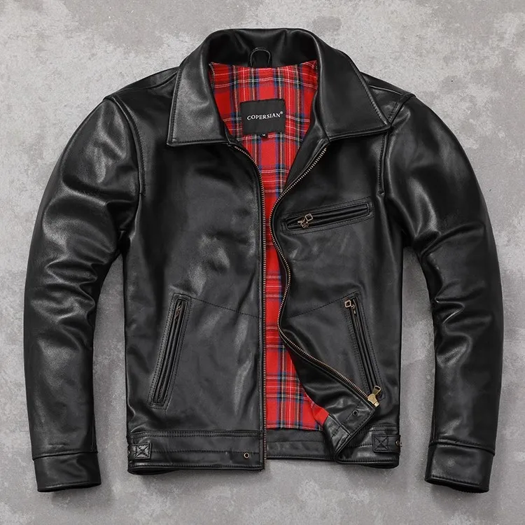 

YR!Free shipping.Sales Classic moto Rider genuine leather jacket.Men black real cowhide coat.Plus size short slim leather cloth