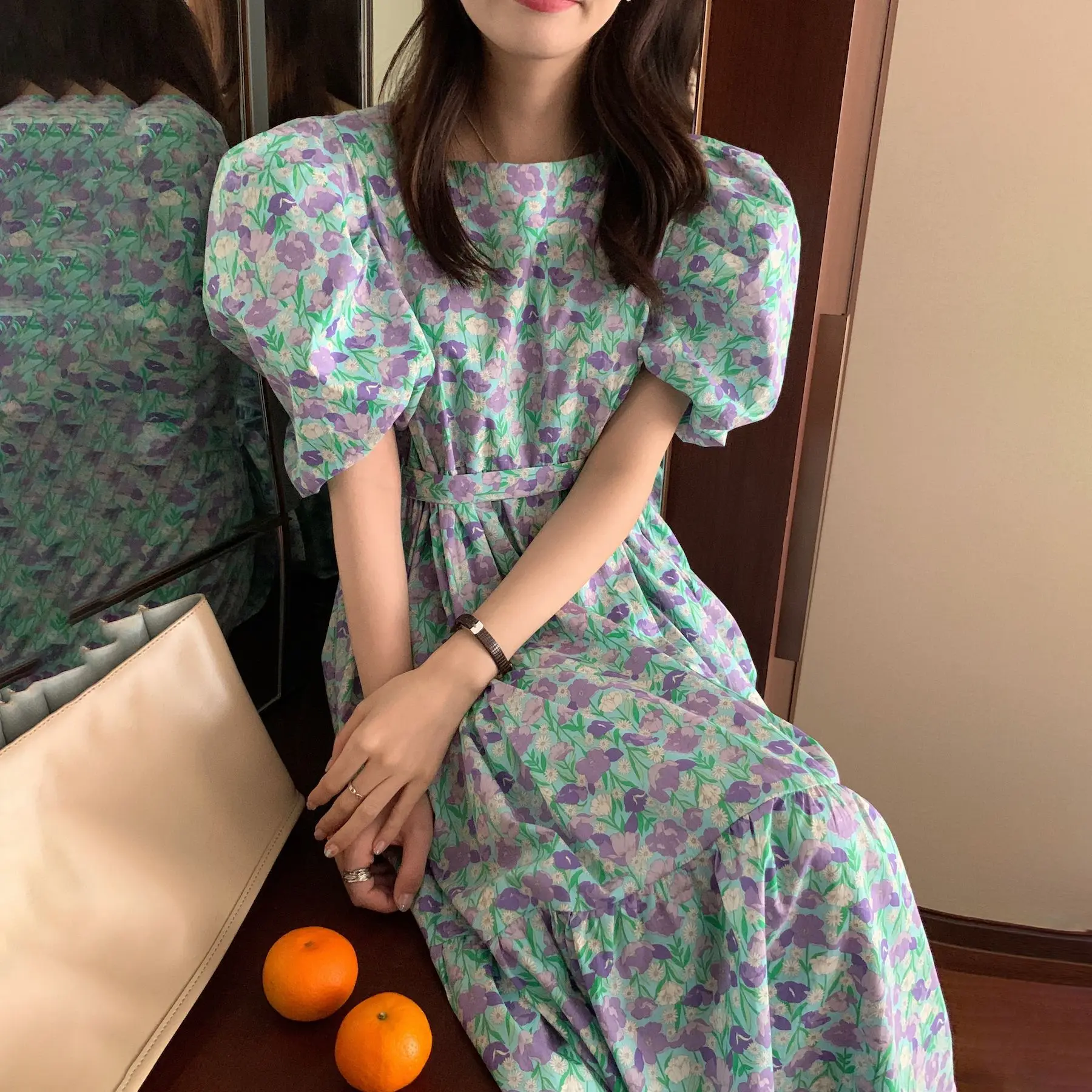 

COIGARSAM Women's Fashion Dresses Vintage Ruffles Loose Puff Sleeve Square Collar Violet Pink Dress Dropshipping