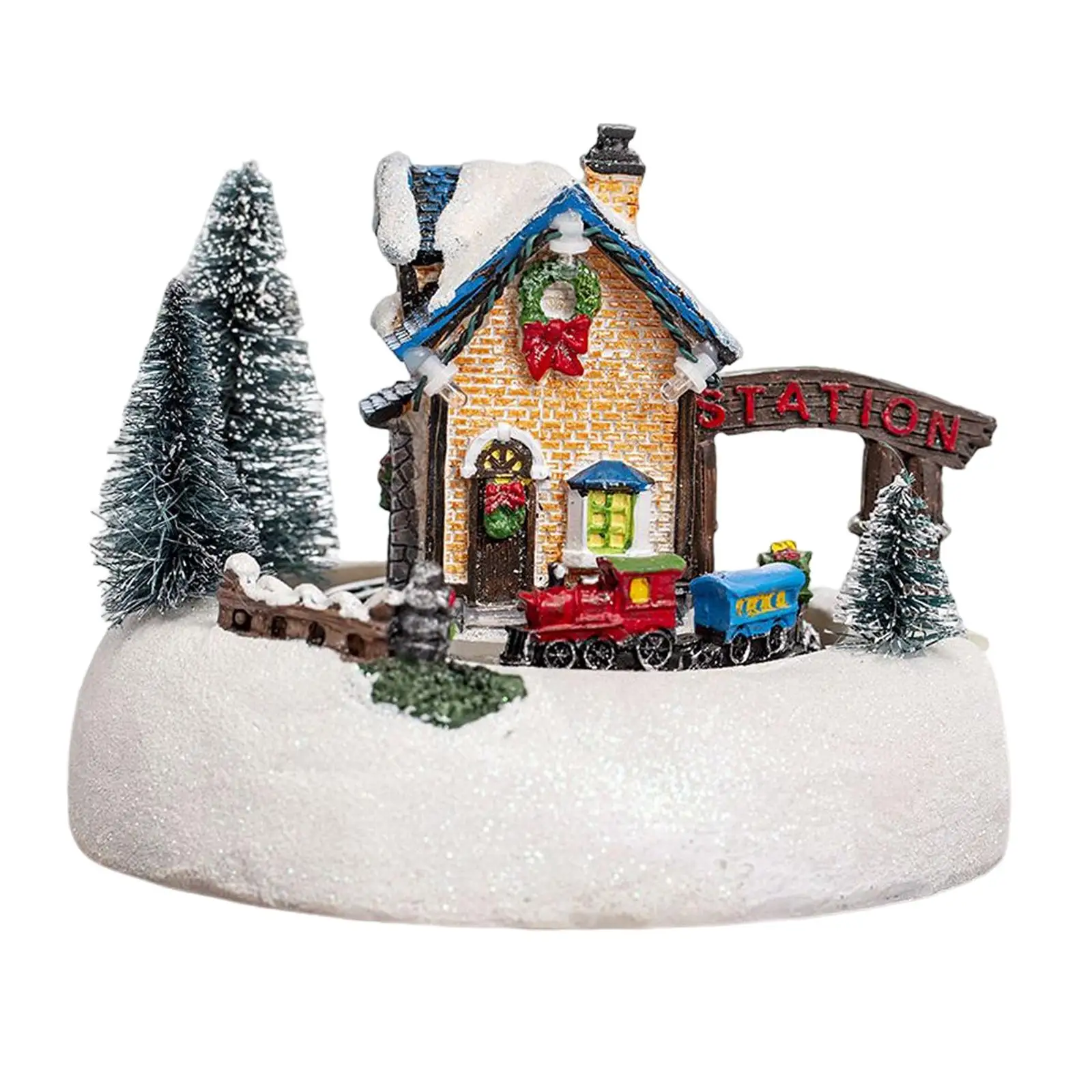 

Party Snow Village House with Colorful Light Collectible Rotating Miniature for Festival Tabletop Decor Ornament