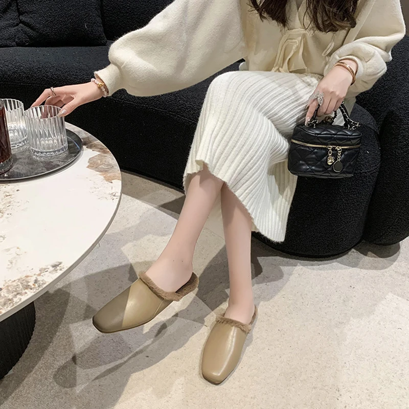 Обувь Тапочки Повседневные сабо для женщин 2024 шлепанцы с закрытым носком Меховые