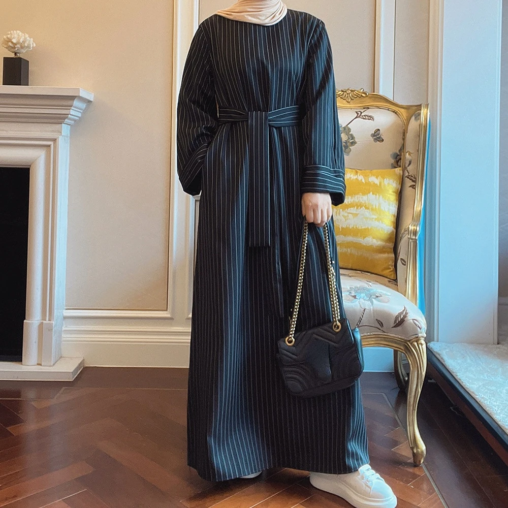 Dubai Abayas Türkiye Middle East Stripe Tunic Muslim Maxi Dresses for Women Vestidos Largos Moroccan Kaftan