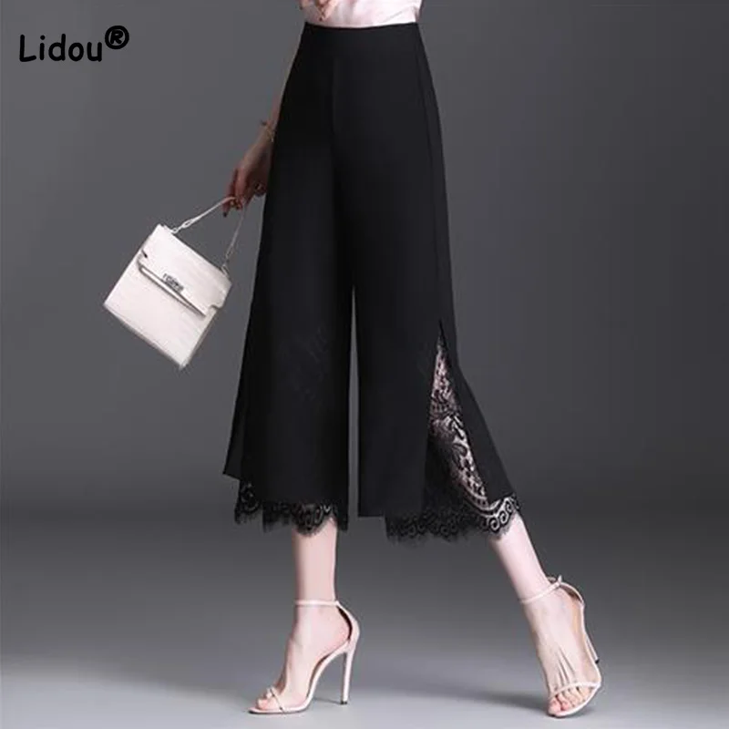 

Commute for Women 2022 Summer Chiffon Lace Splicing Seven Points Pants Simplicity Ethereal High Waist Black Wide Leg Trousers