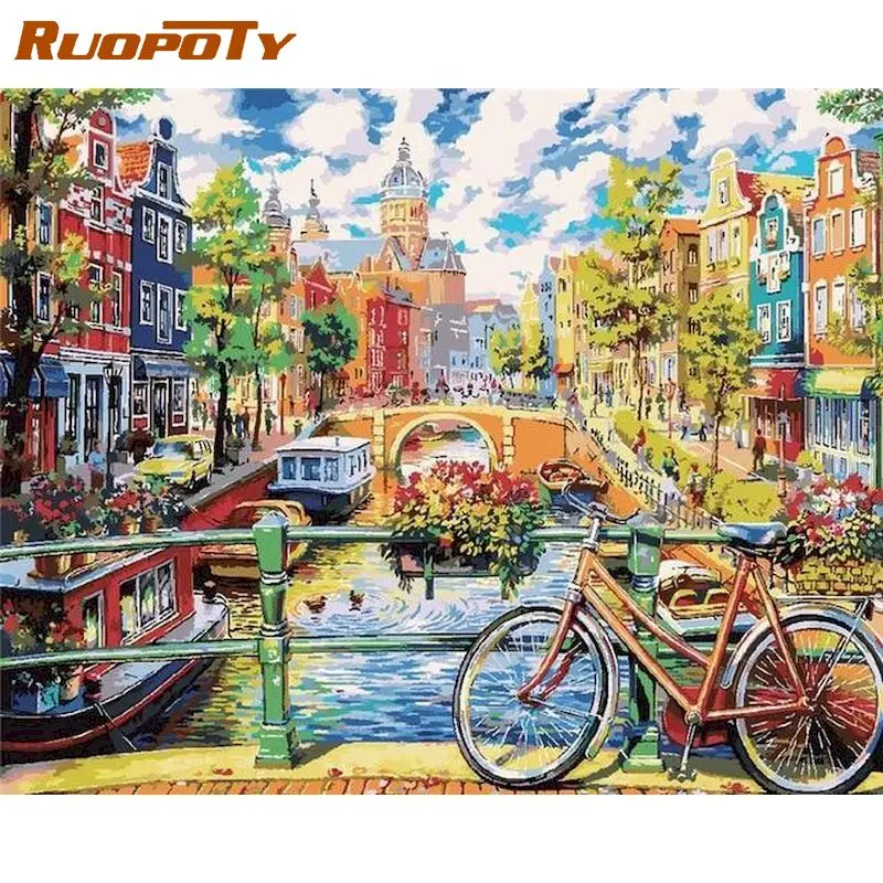 

RUOPOTY City Building Landscape Picture By Numbers Kits 40x50cm Frame Acrylic Oil Picture By Number Handmade Diy Gift Wall Arts