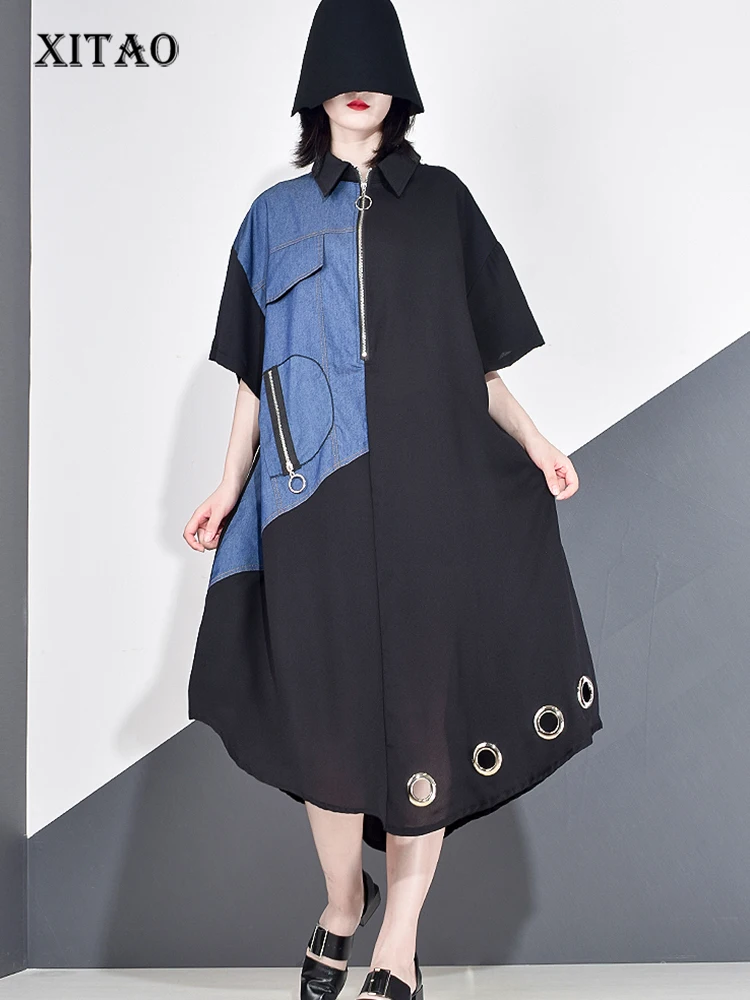 

XITAO лоскутное Повседневное платье с блестками для женщин, осень 2020, модный новый стиль, отложной воротник, короткий рукав, молния, DMY4646