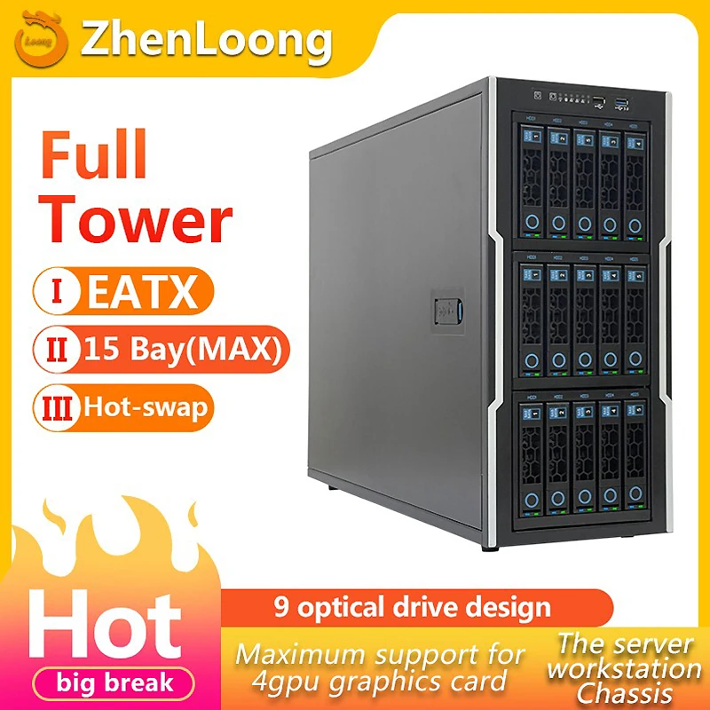 

ZhenLoong Full Tower PC Case in Computer Motherboard ITX MATX ATX EATX 15Bay Hot Swap GPU Server Graphic Workstation NAS Chassis