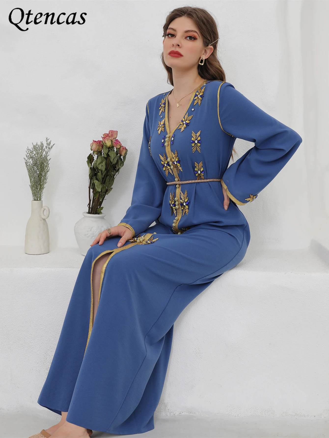 Женское платье в мусульманском стиле Eid Blue Abaya Дубай, Турция Hijab