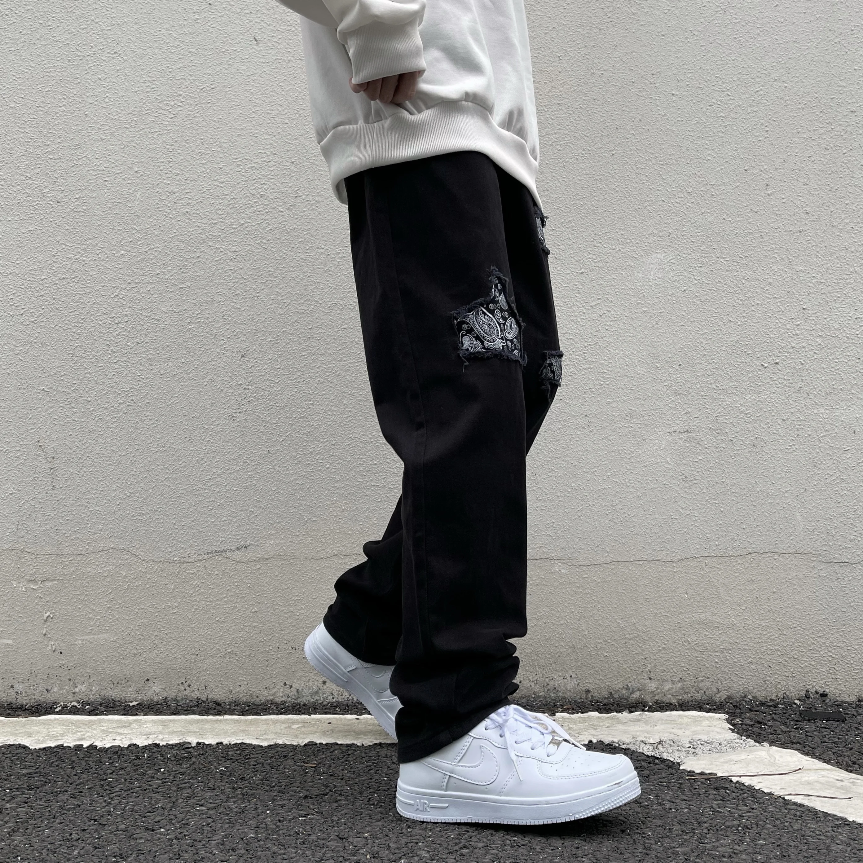 Men Ripped Straight Baggy Embroidery Jeans Destroyed Hole Denim High Quality Hip Hop Black Pants