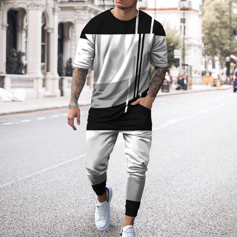 2023 Summer Men T Shirt Set Casual 2 Piece Short Sleeve Color Splicing Tracksuit Fashion Cool Streetwear Oversized Clothing
