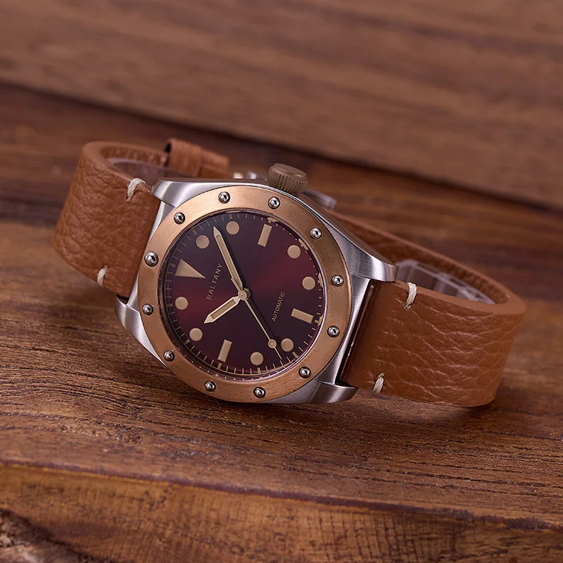 Фото Автоматические часы Baltany с бронзовым безелем Cusn8, механизмом NH38, водонепроницаемостью 20 бар, сапфировым стеклом, винтажные дайверские часы, дизайн Wheelking №4