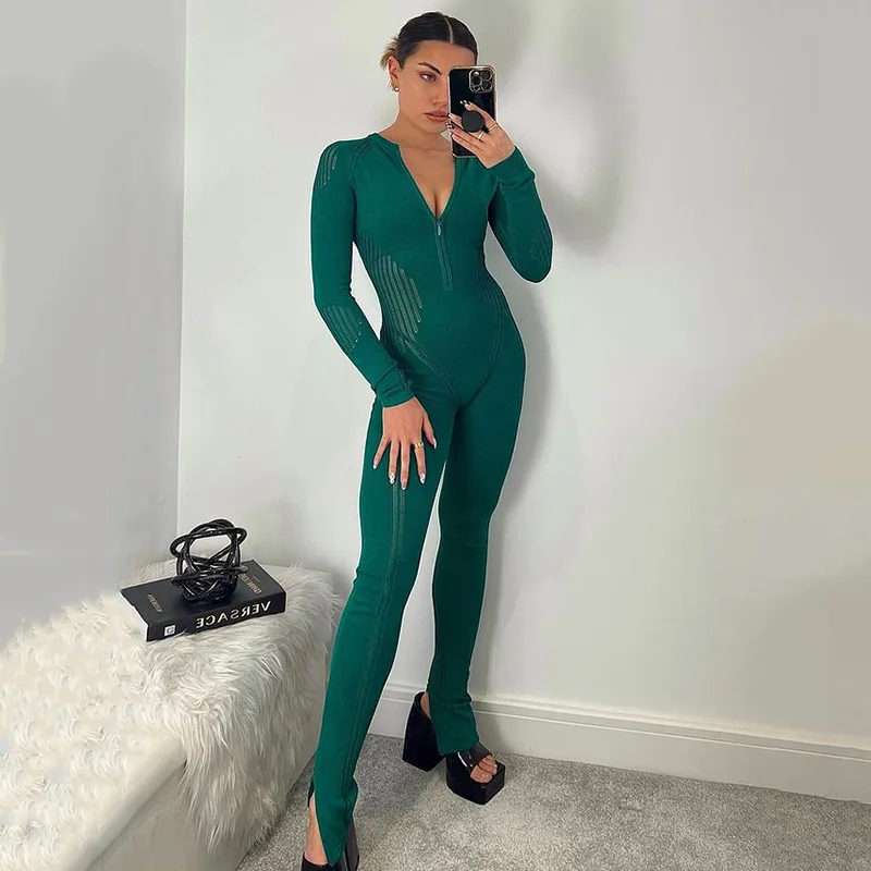 Summer Jumpsuits Club Outfits Knitted Rompers Women Jumpsuit Stretch Hollow Out Zipper Sexy