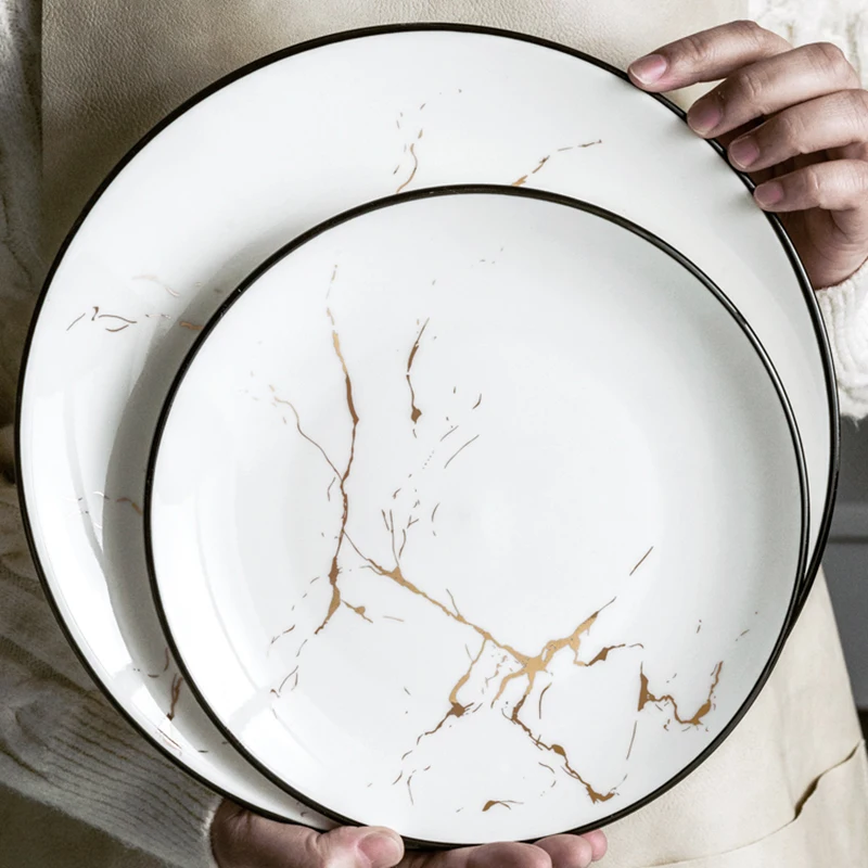 

Black Border Ceramic Plate Creative Marble Dinner Plates Nordic Round Dessert Dishes Household Tableware Platos De Cena