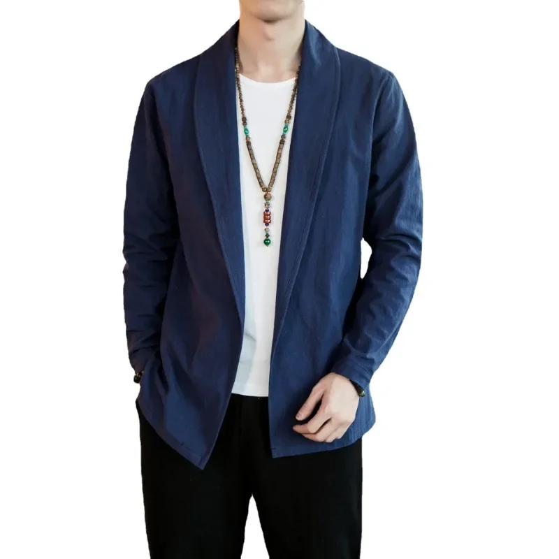 # 4217 Весенне-осенняя хлопково-льняная куртка-кимоно мужская льняная рубашка в